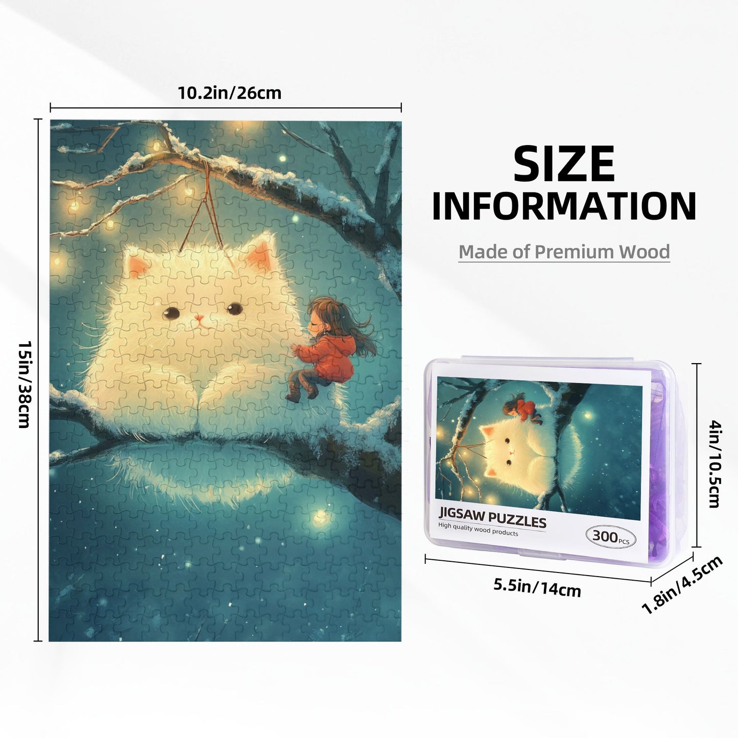 Dreamy Cat Puzzle | 300 Pieces Wooden Puzzle, Cozy Winter Scene