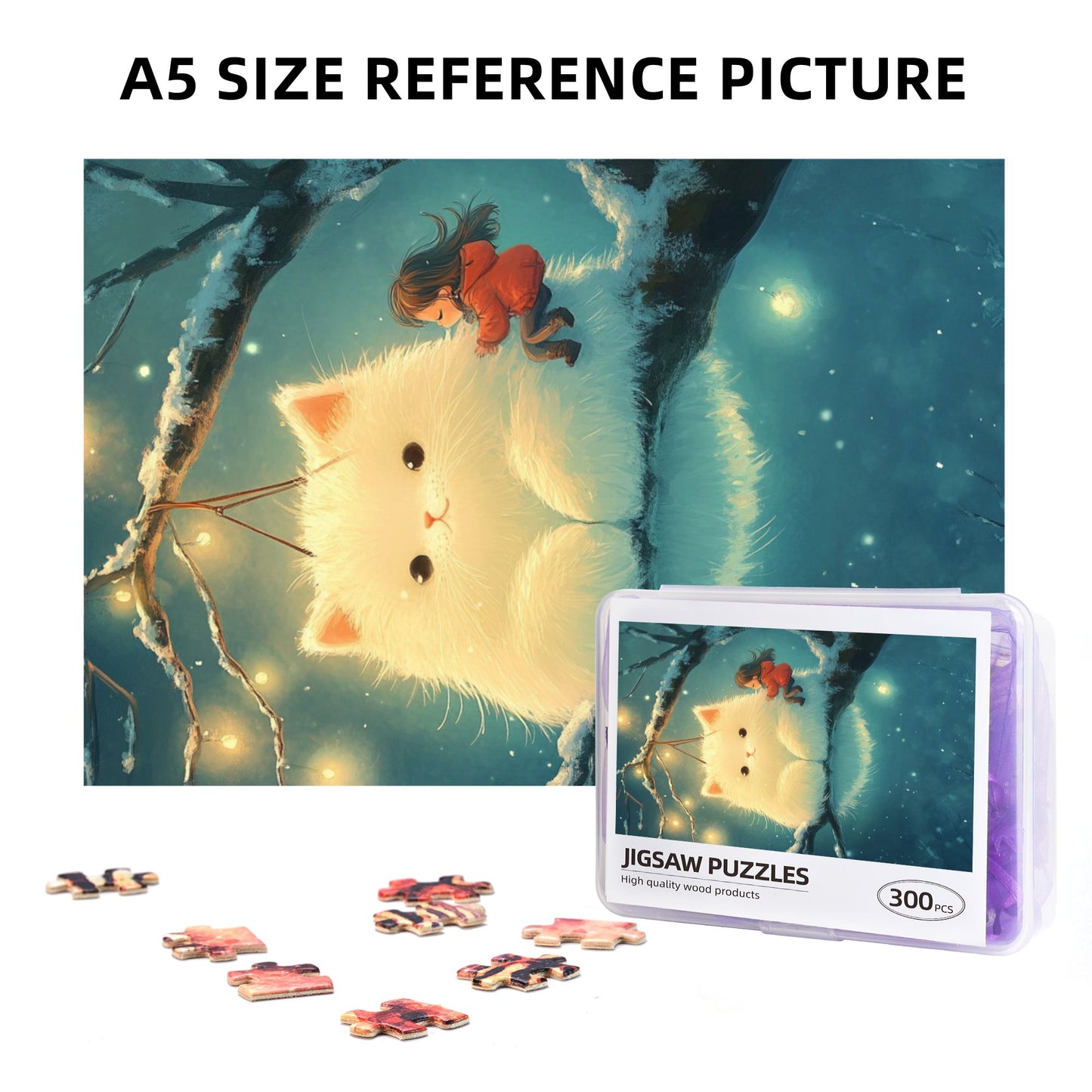 Dreamy Cat Puzzle | 300 Pieces Wooden Puzzle, Cozy Winter Scene