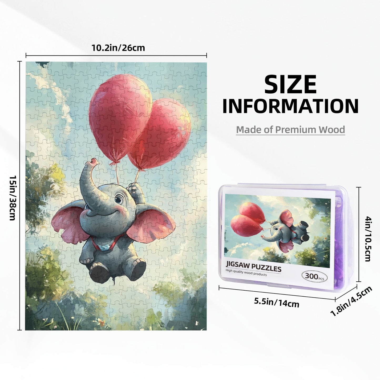 Cute Elephant Flying Puzzle | 300 Pieces Wooden Puzzle, Cozy Dreamlike Flying Scene