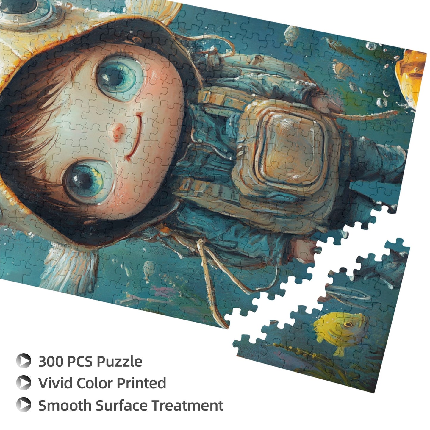 Underwater Adventure Boy Puzzle | 300 Pieces Wooden Puzzle, Cartoon Style Underwater Scene