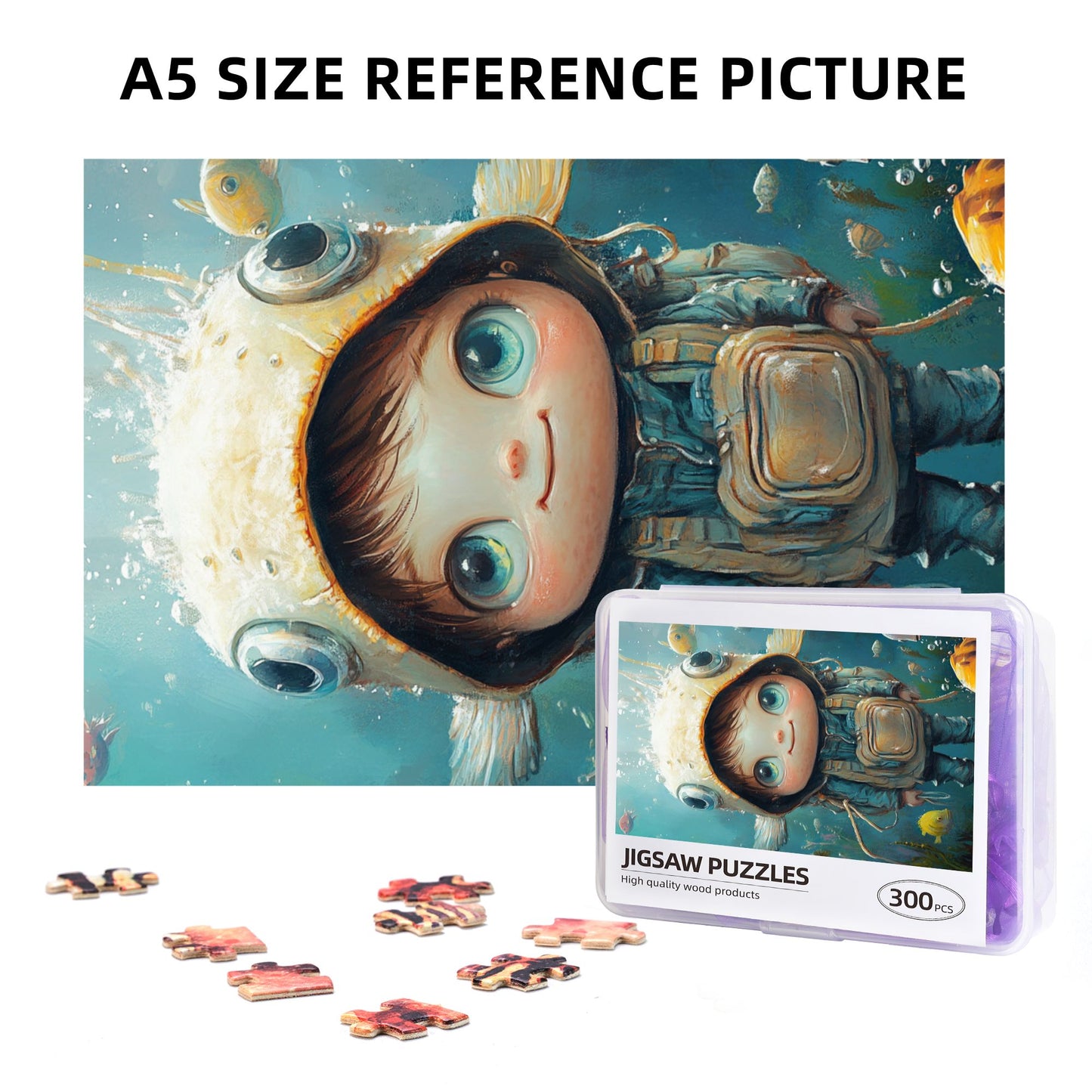 Underwater Adventure Boy Puzzle | 300 Pieces Wooden Puzzle, Cartoon Style Underwater Scene