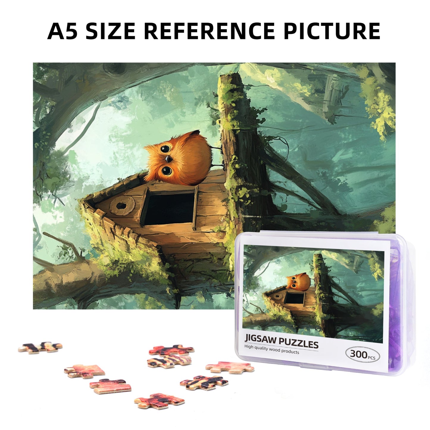 Forest Cabin Owl Puzzle | 300 Pieces Wooden Puzzle, Cozy Forest Scene